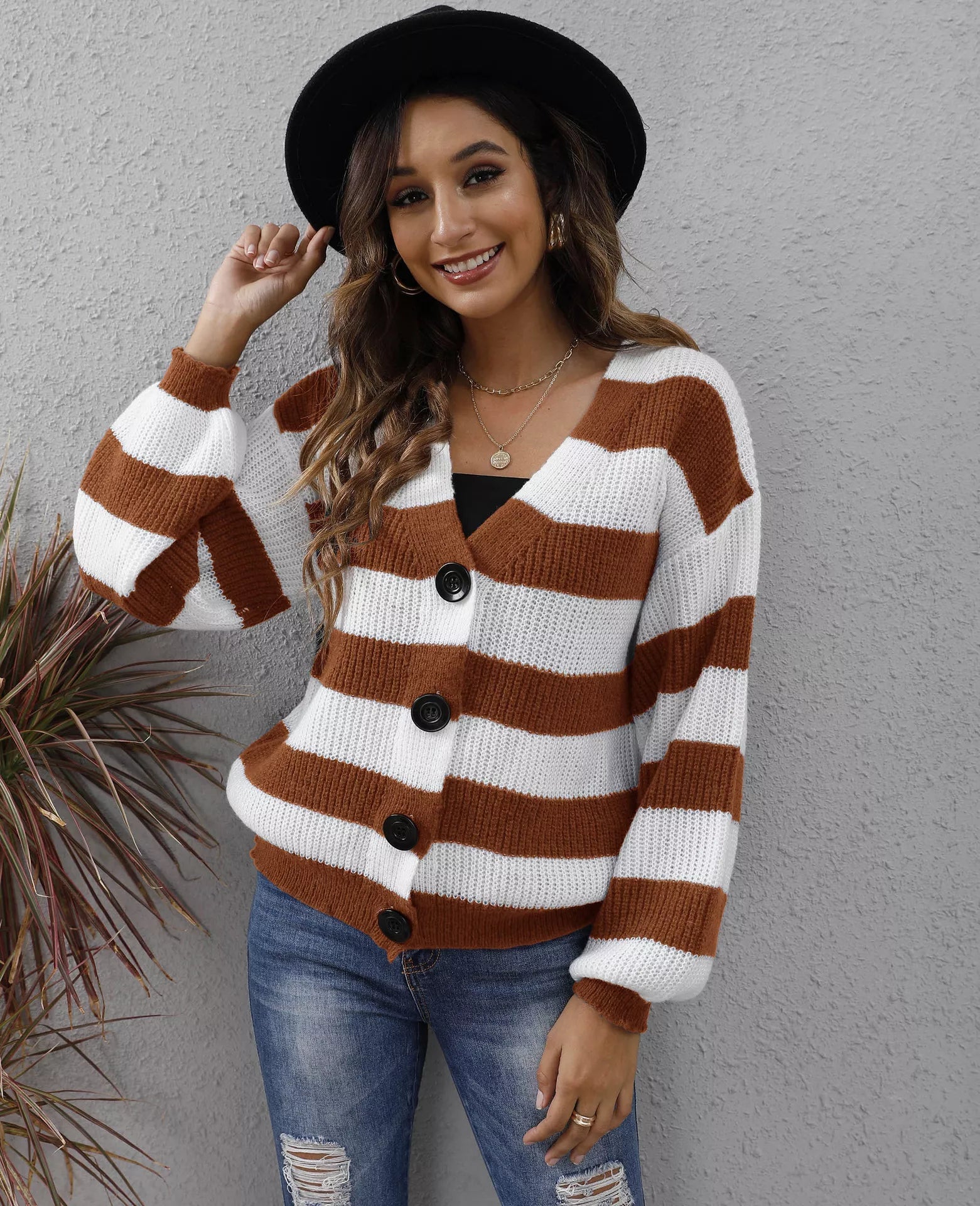 Striped Button-Up Long Sleeve Cardigan 