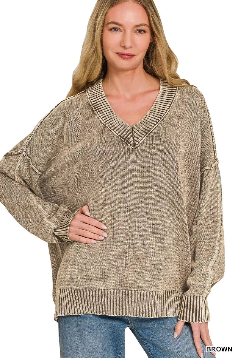 Zenana Washed Deep V-neck Oversized Sweater 