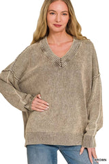 Zenana Washed Deep V-neck Oversized Sweater 