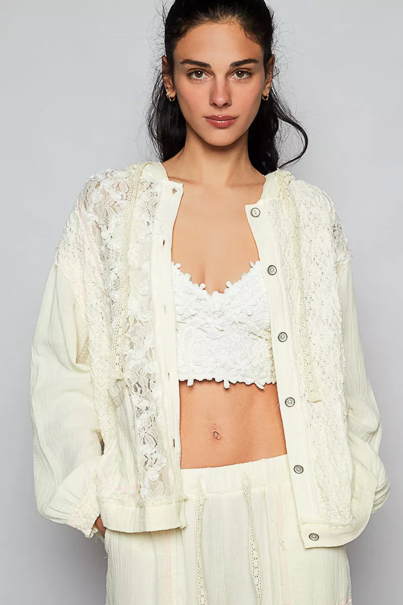 POL Exposed Seam Button Down Hooded Jacket with Lace Detail 