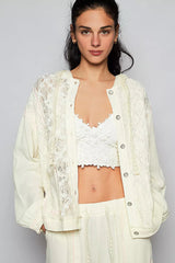 POL Exposed Seam Button Down Hooded Jacket with Lace Detail 