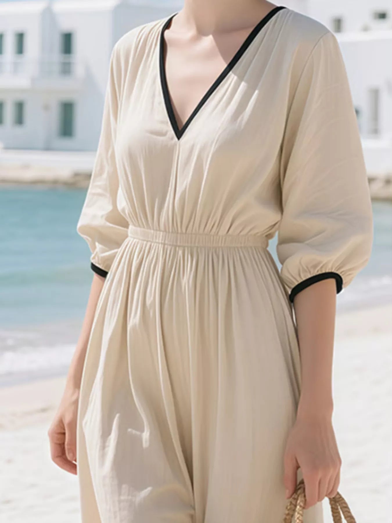 Full Size Contrast Trim V-Neck 3/4 Sleeve Dress Plus Size 