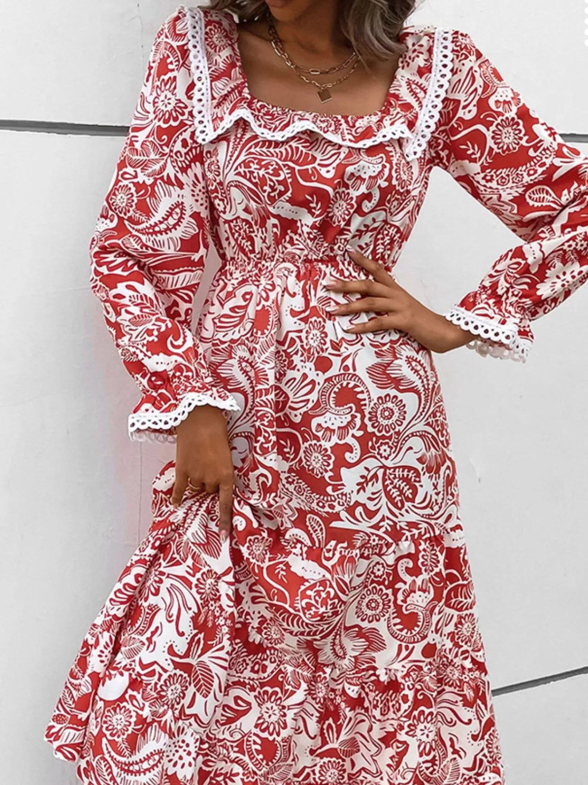 Printed Square Neck Long Sleeve Dress 