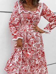 Printed Square Neck Long Sleeve Dress 