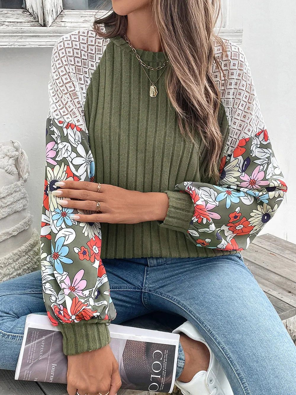 Perfee Printed Round Neck Long Sleeve Knit Top 