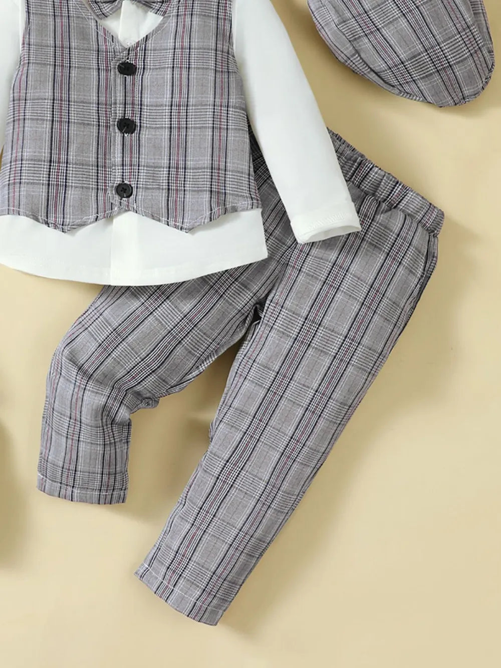 Hat, Long Sleeve Shirt, Plaid Vest and Pants 4-Piece Set 