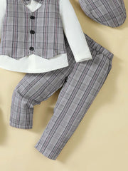 Hat, Long Sleeve Shirt, Plaid Vest and Pants 4-Piece Set 