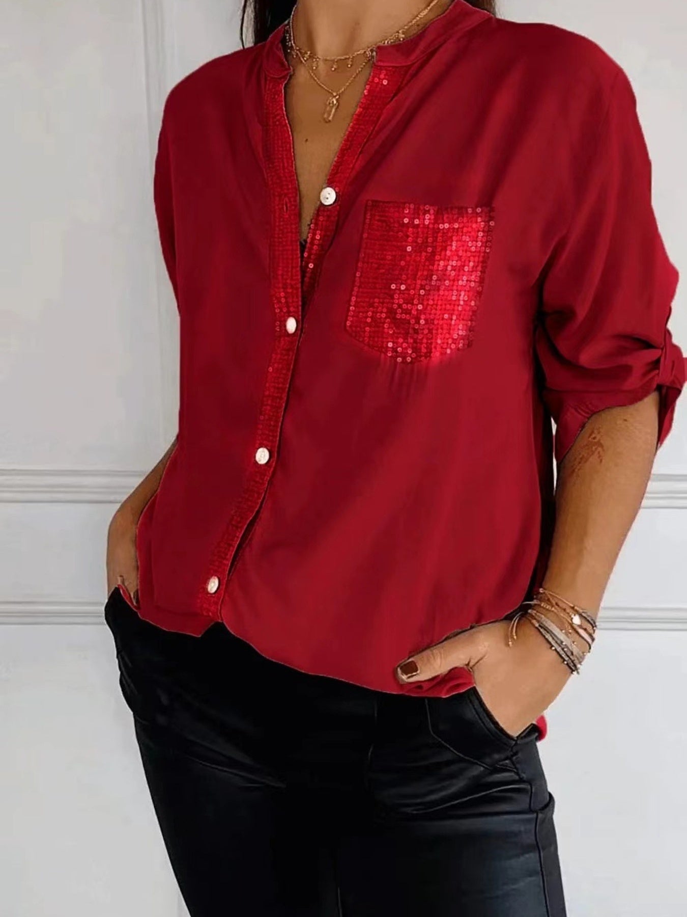 Full Size Sequin Detail Button-Down Shirt Plus Size 