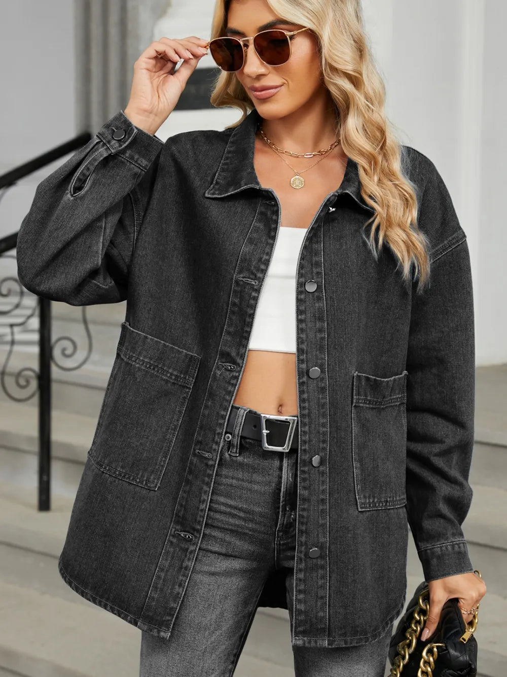 Removable Hood Button Up Long Sleeve Denim Jacket 