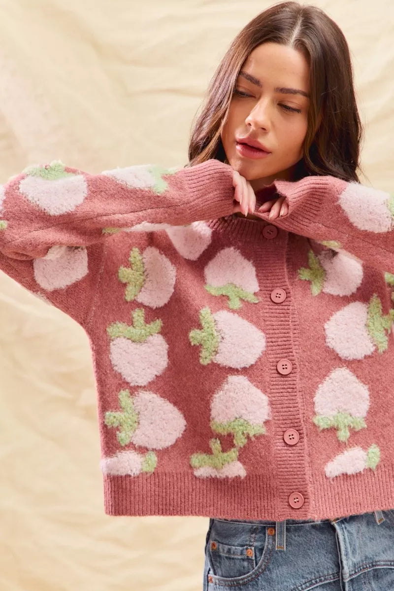 SO ME Strawberry Fruit All Over Button Sweater Cardigan 