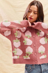 SO ME Strawberry Fruit All Over Button Sweater Cardigan 
