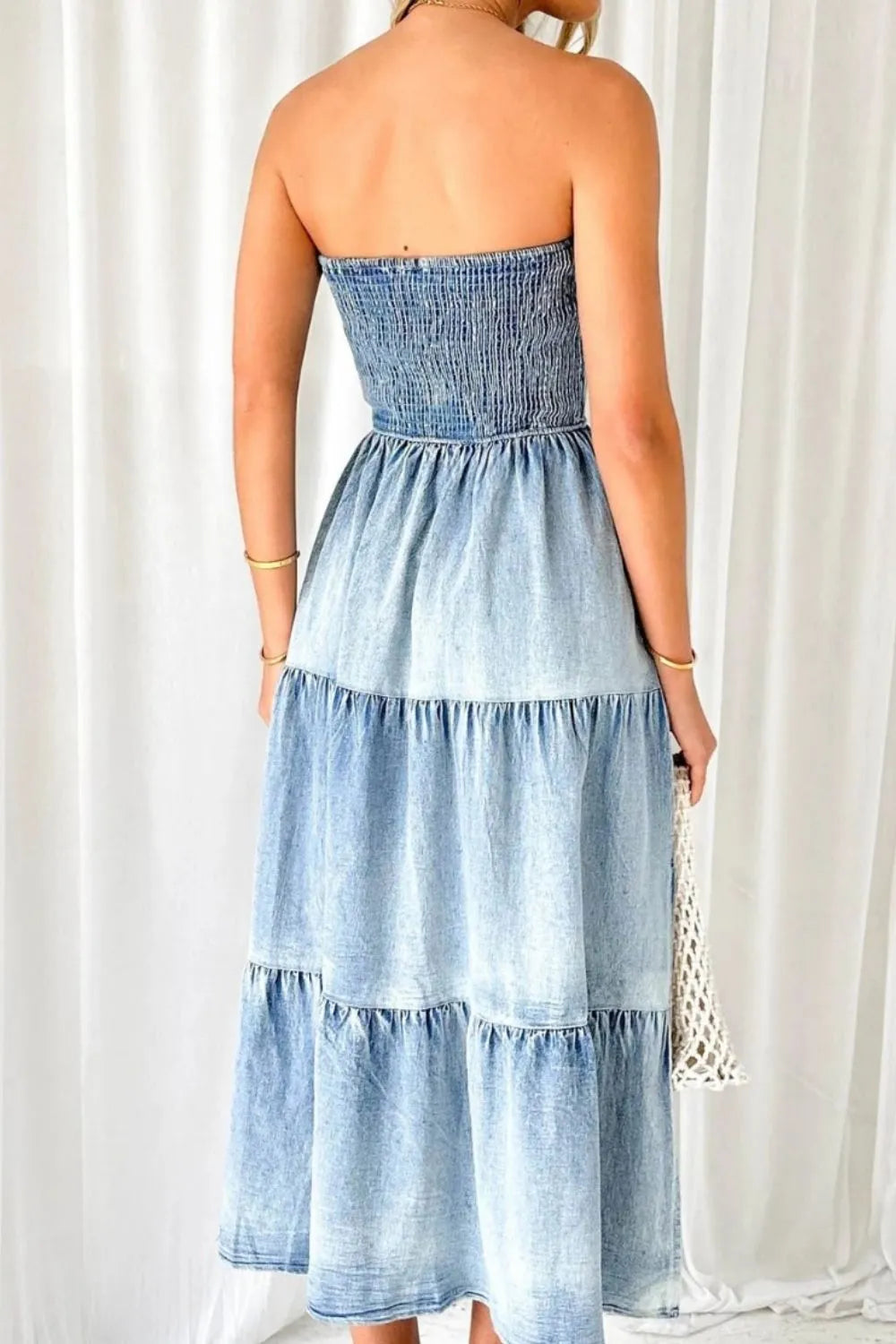 Smocked Tube Slit Tiered Denim Dress 