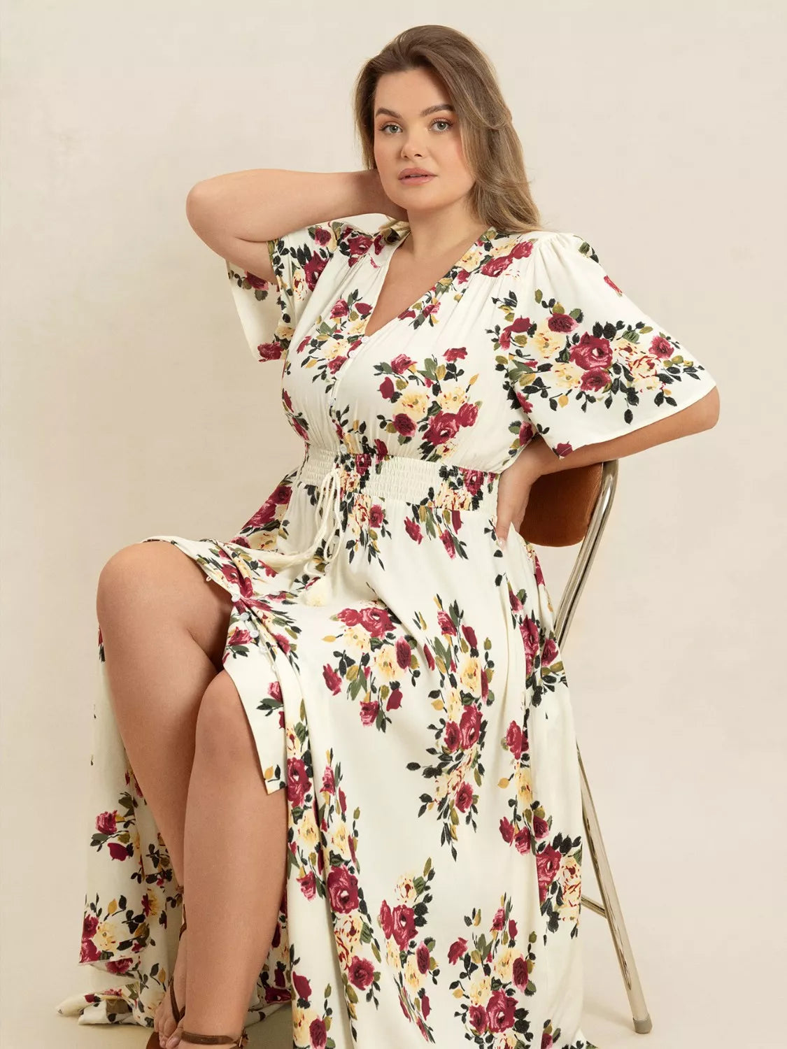Plus Size Floral Flutter Sleeve Maxi Dress with Button Front 