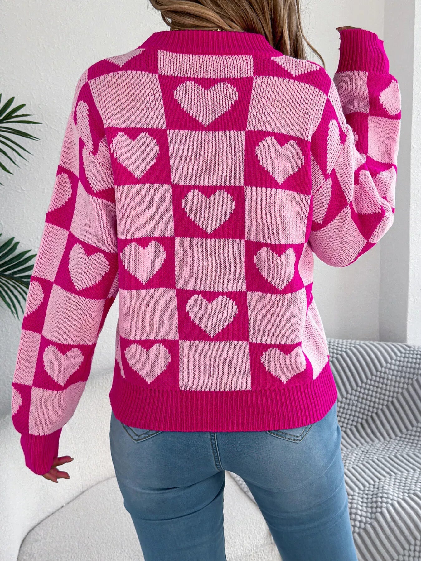 Heart Checkerboard Pattern Round Neck Sweater 