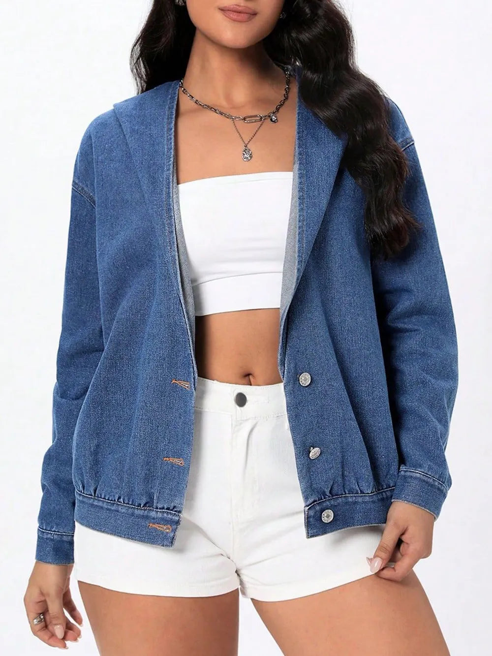 Button Up Hooded Denim Top 