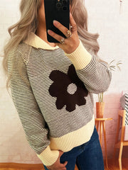 Striped Flower Raglan Sleeve Sweater 