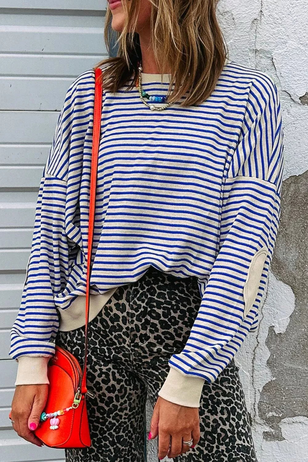 Striped Round Neck Dropped Shoulder Sweatshirt 
