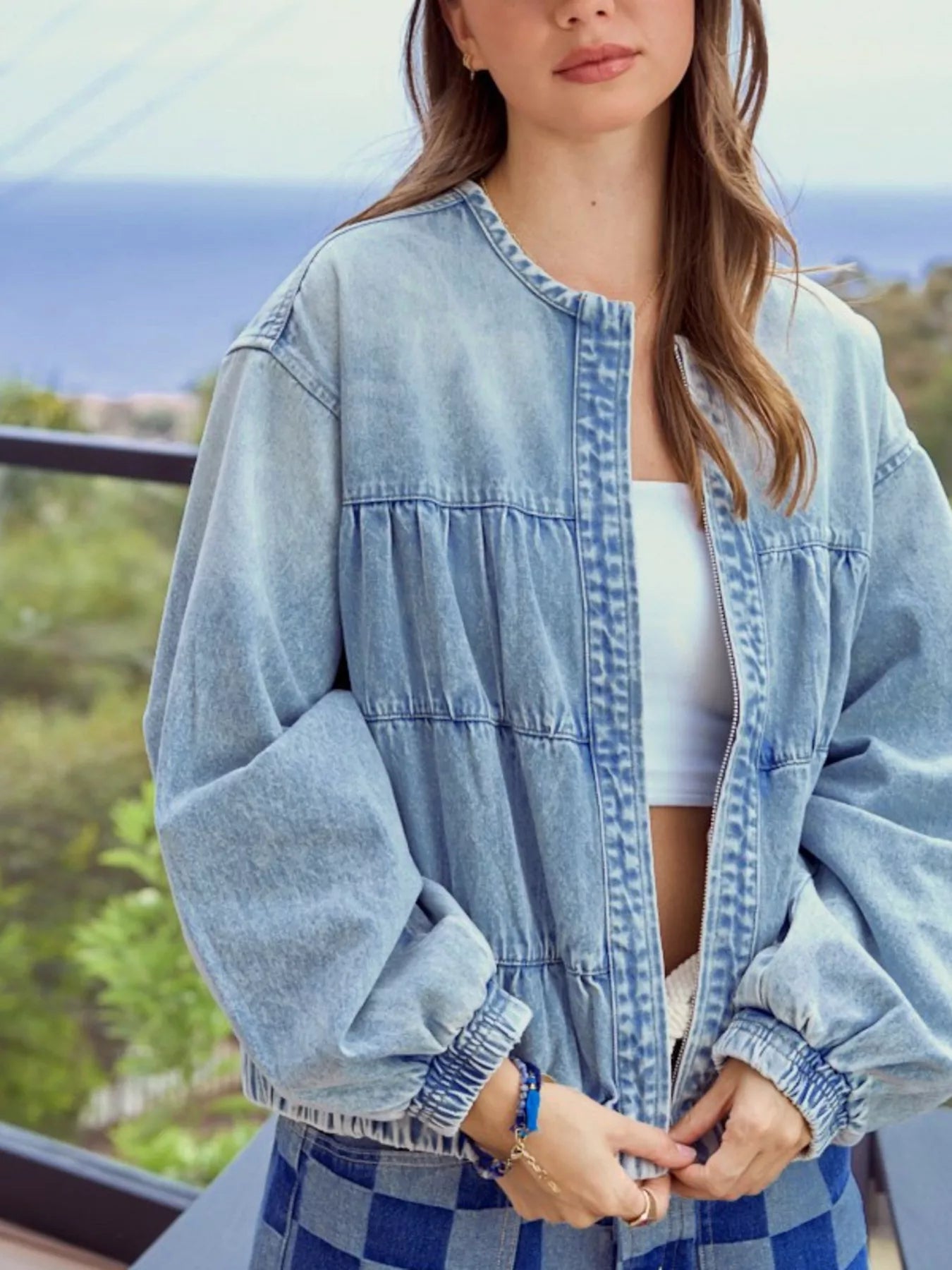 Washed Zip Up Denim Jacket 