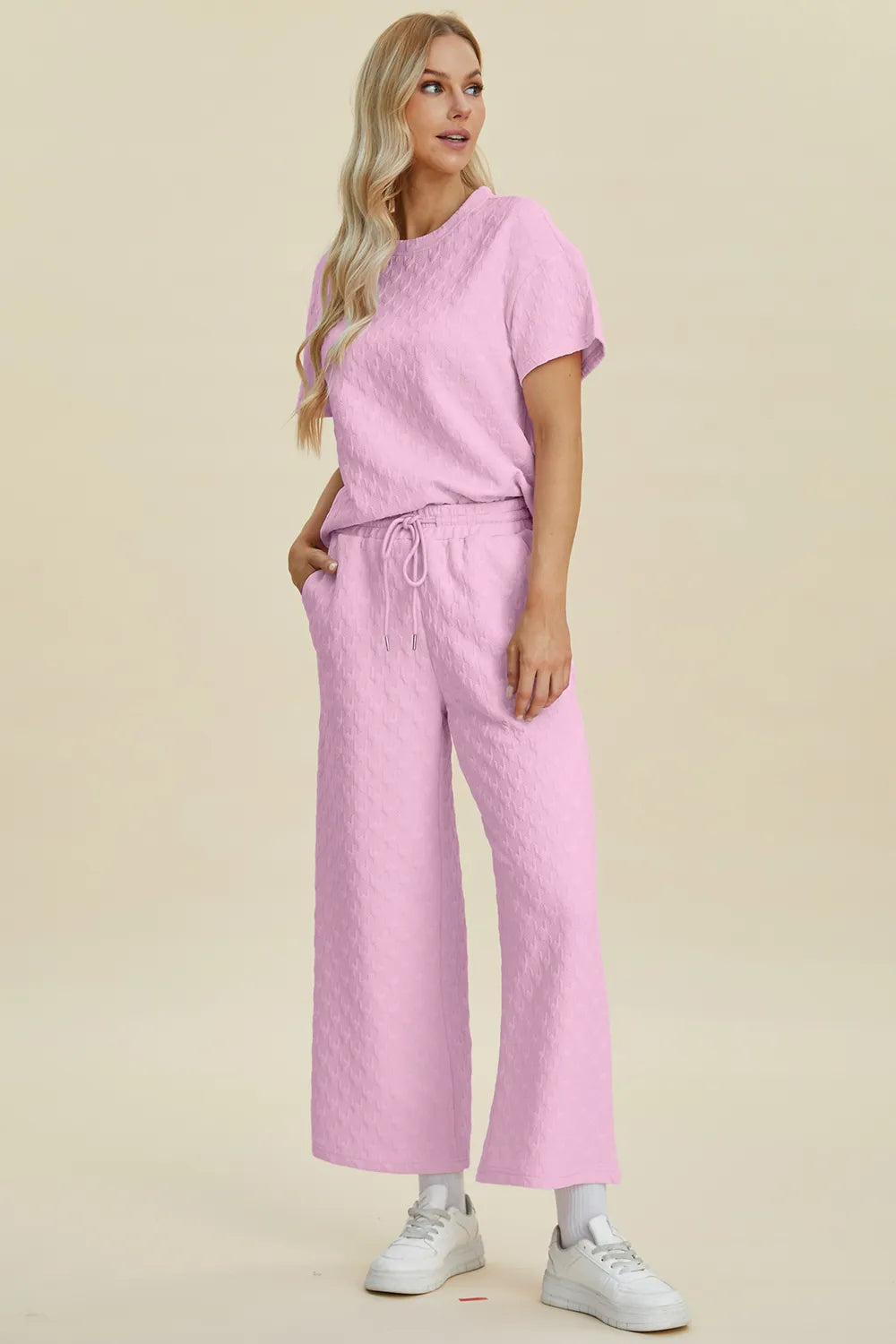 Double Take Full Size Texture Round Neck Short Sleeve Top and Pants Set 