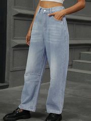 Half Elastic Waist Straight Leg Jeans 