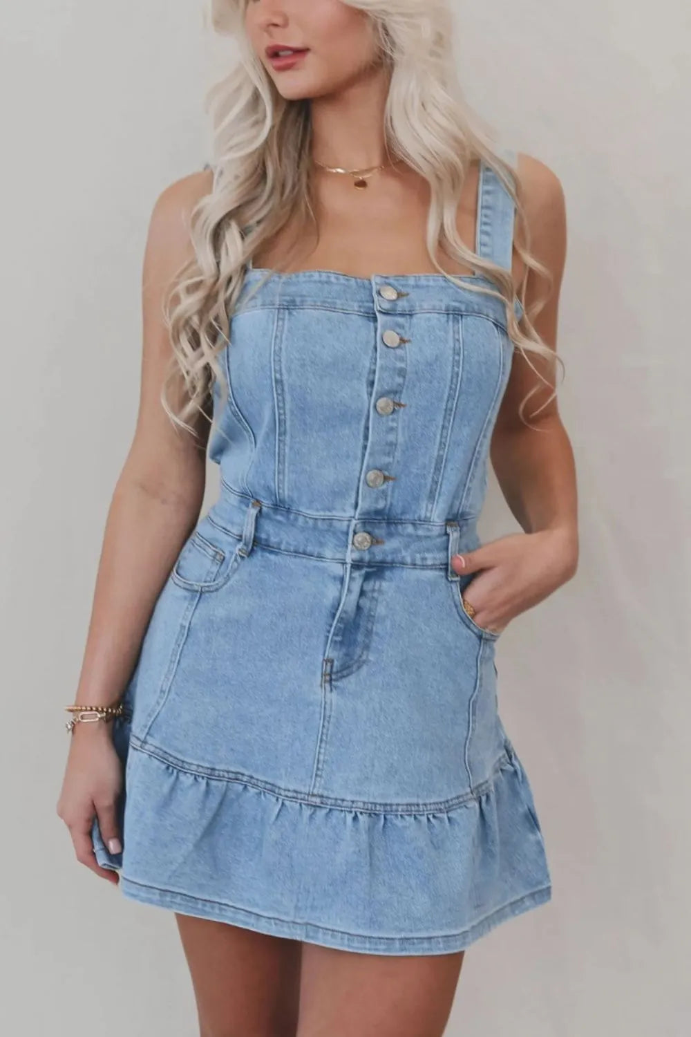 Ruffled Hem Button Front Square Neck Denim Dress 