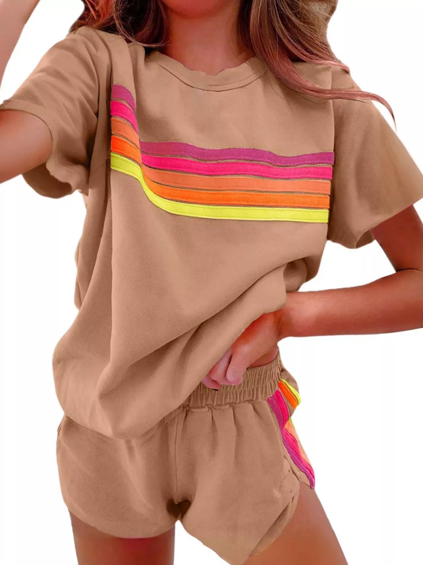 Rainbow Striped Round Neck Top and Shorts Set 