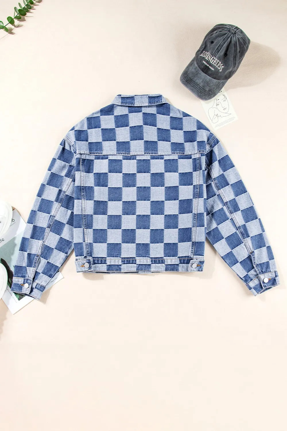 Checkered Button Up Long Sleeve Denim Jacket 