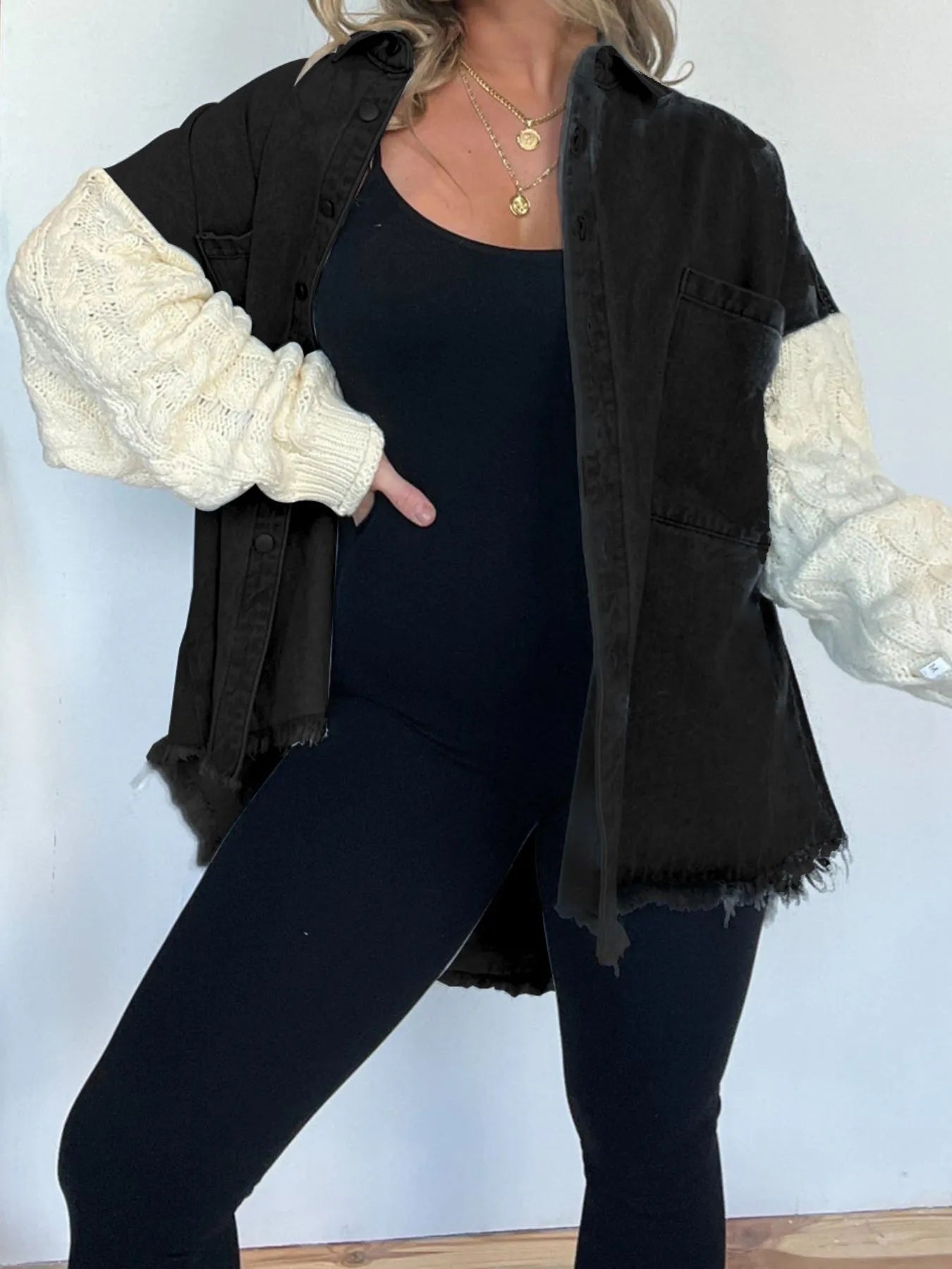 Full Size Raw Hem Button Up Patchwork Denim Jacket Plus Size 