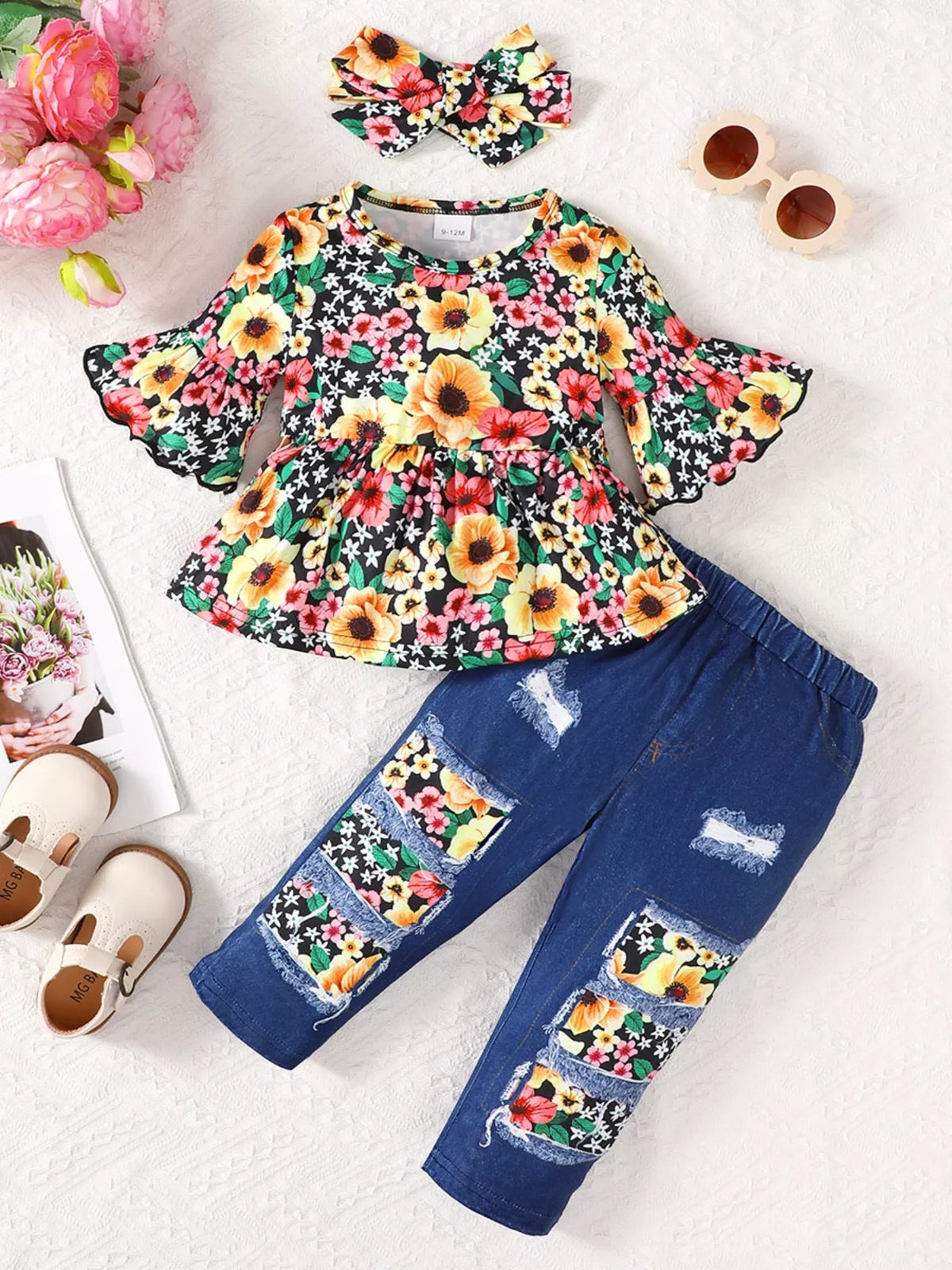 Children's Floral Bell Sleeve Top and Pants Set 