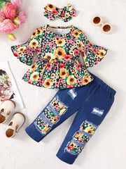 Children's Floral Bell Sleeve Top and Pants Set 