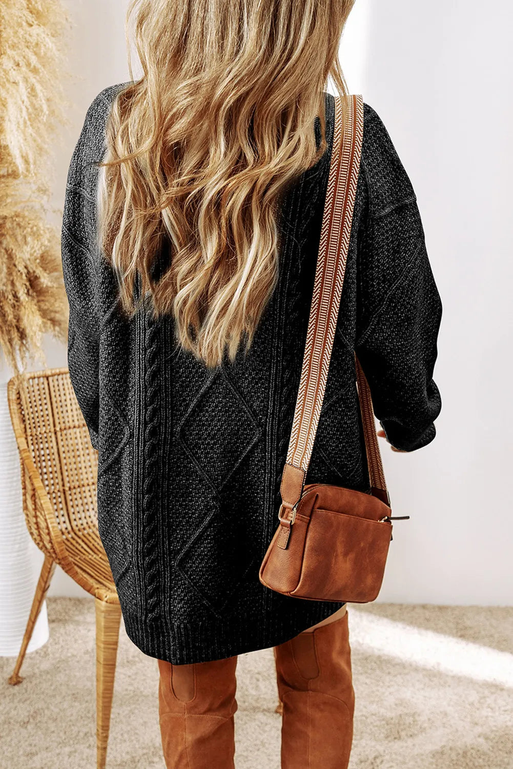 Cable-Knit Round Neck Sweater Dress 