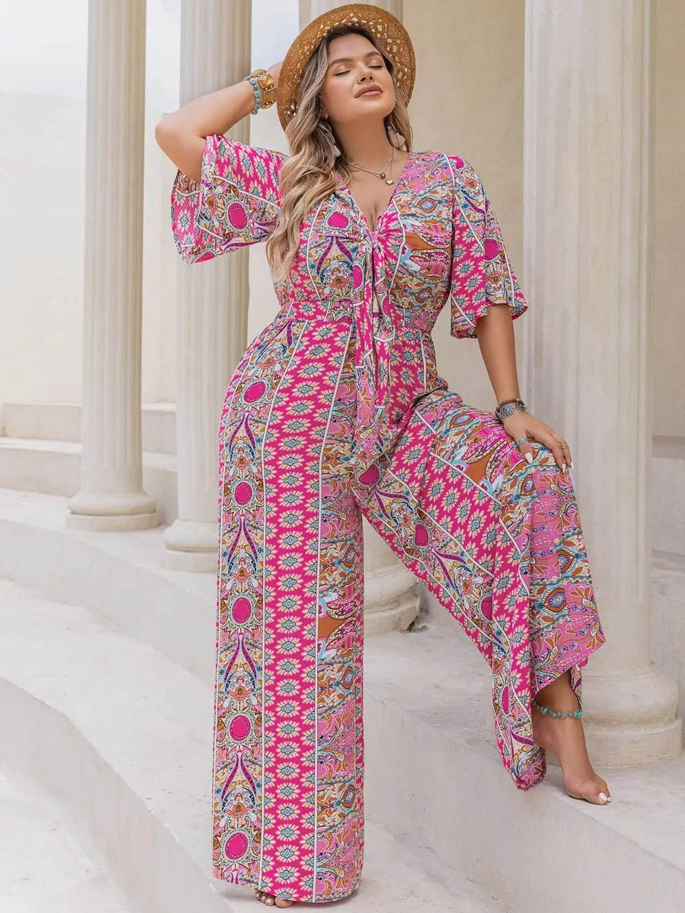 Plus Size Printed Half Sleeve Wide Leg Jumpsuit 