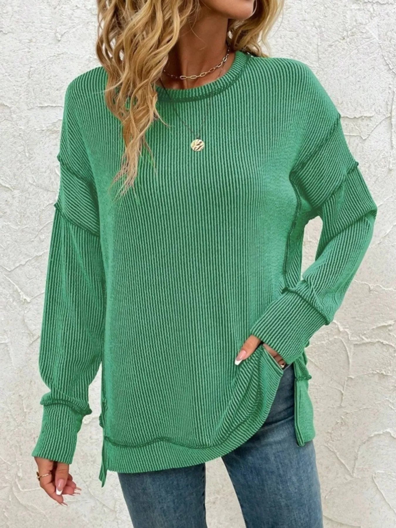 Side Slit Round Neck Dropped Shoulder Sweatshirt 