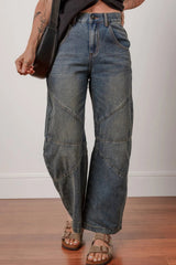 Exposed Stitching Loose Straight High Waist Jeans 