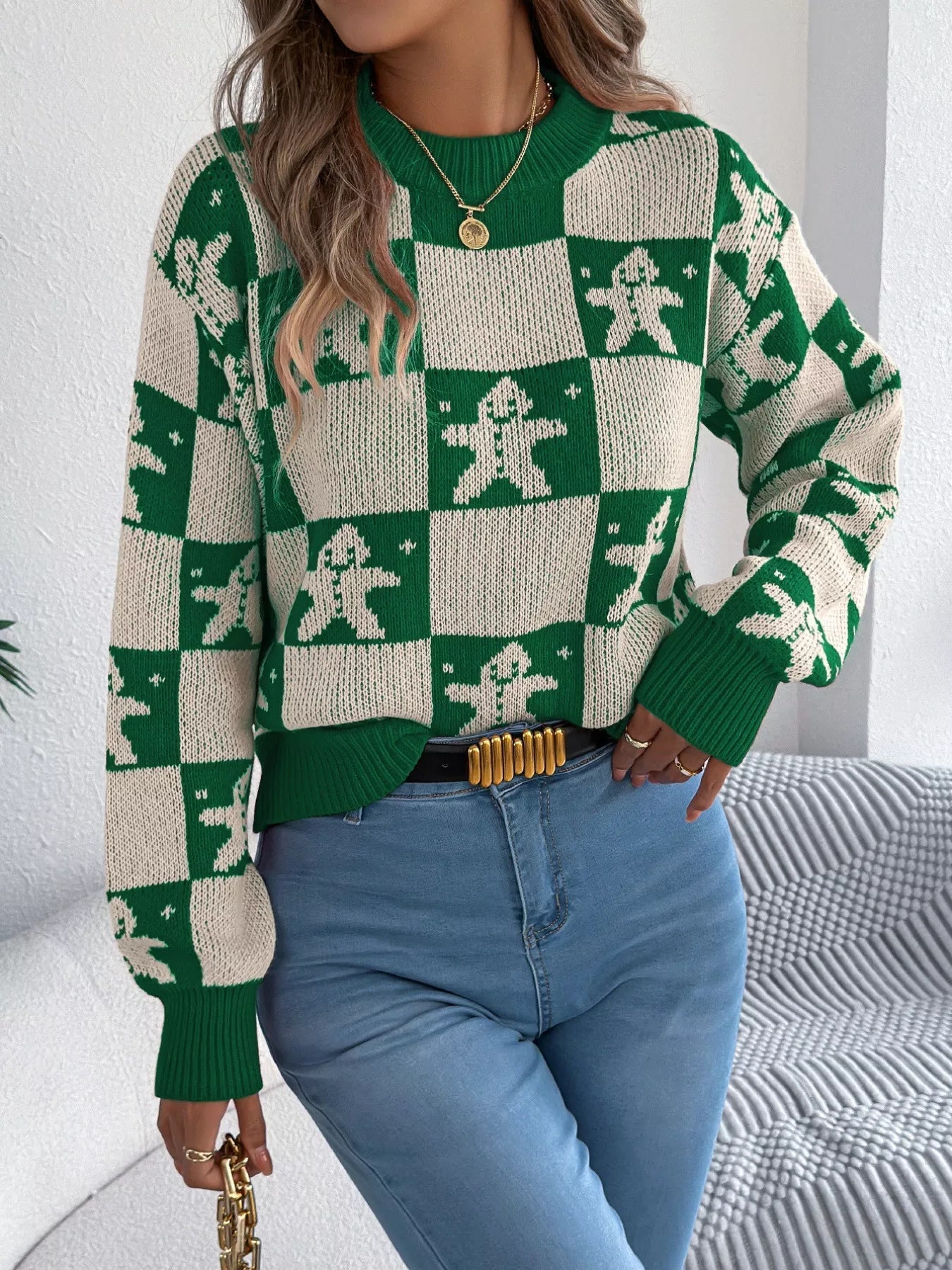 Christmas Checkerboard Gingerbread Round Neck Sweater 