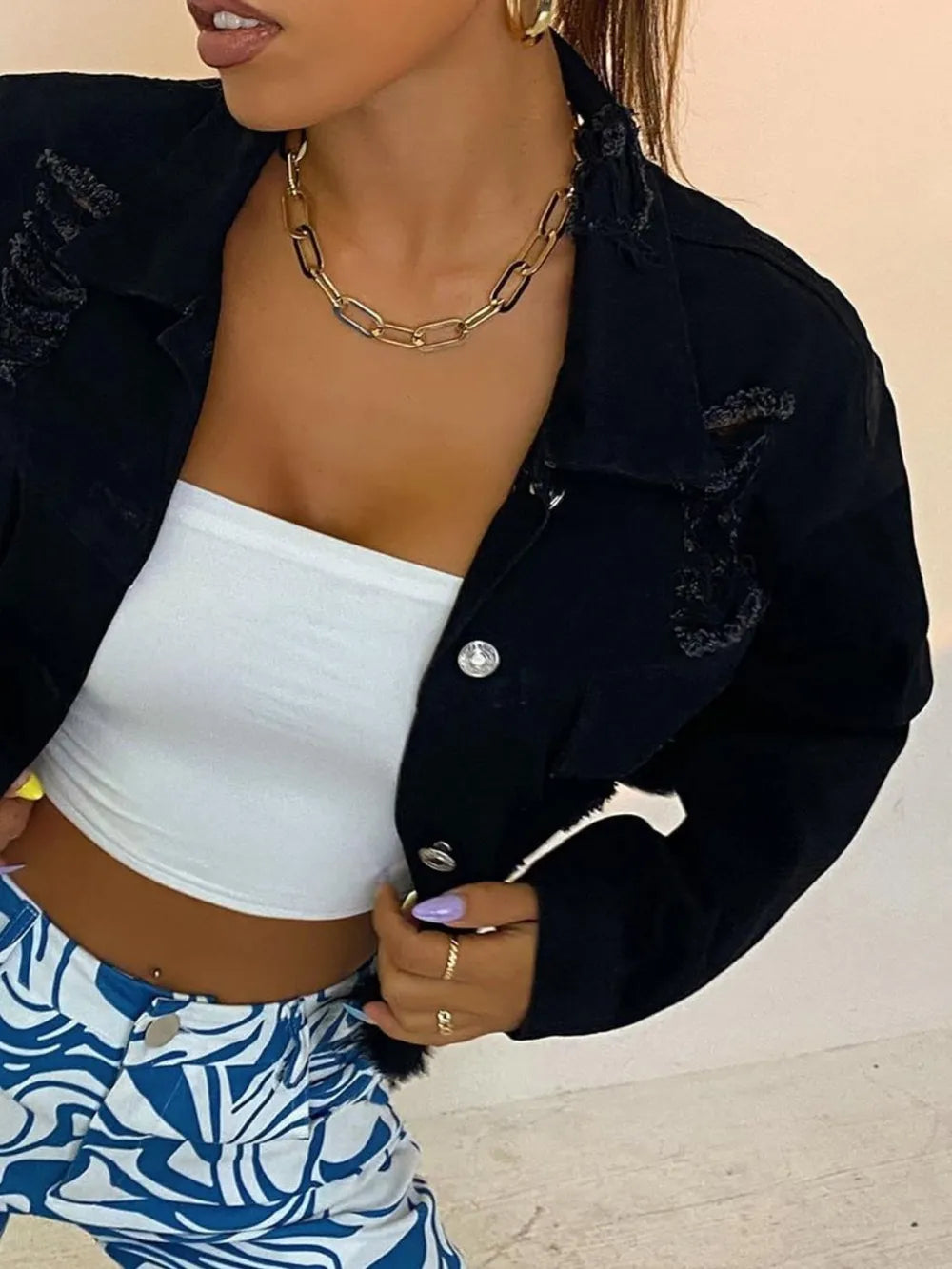 Distressed Collared Neck Long Sleeve Denim Top 