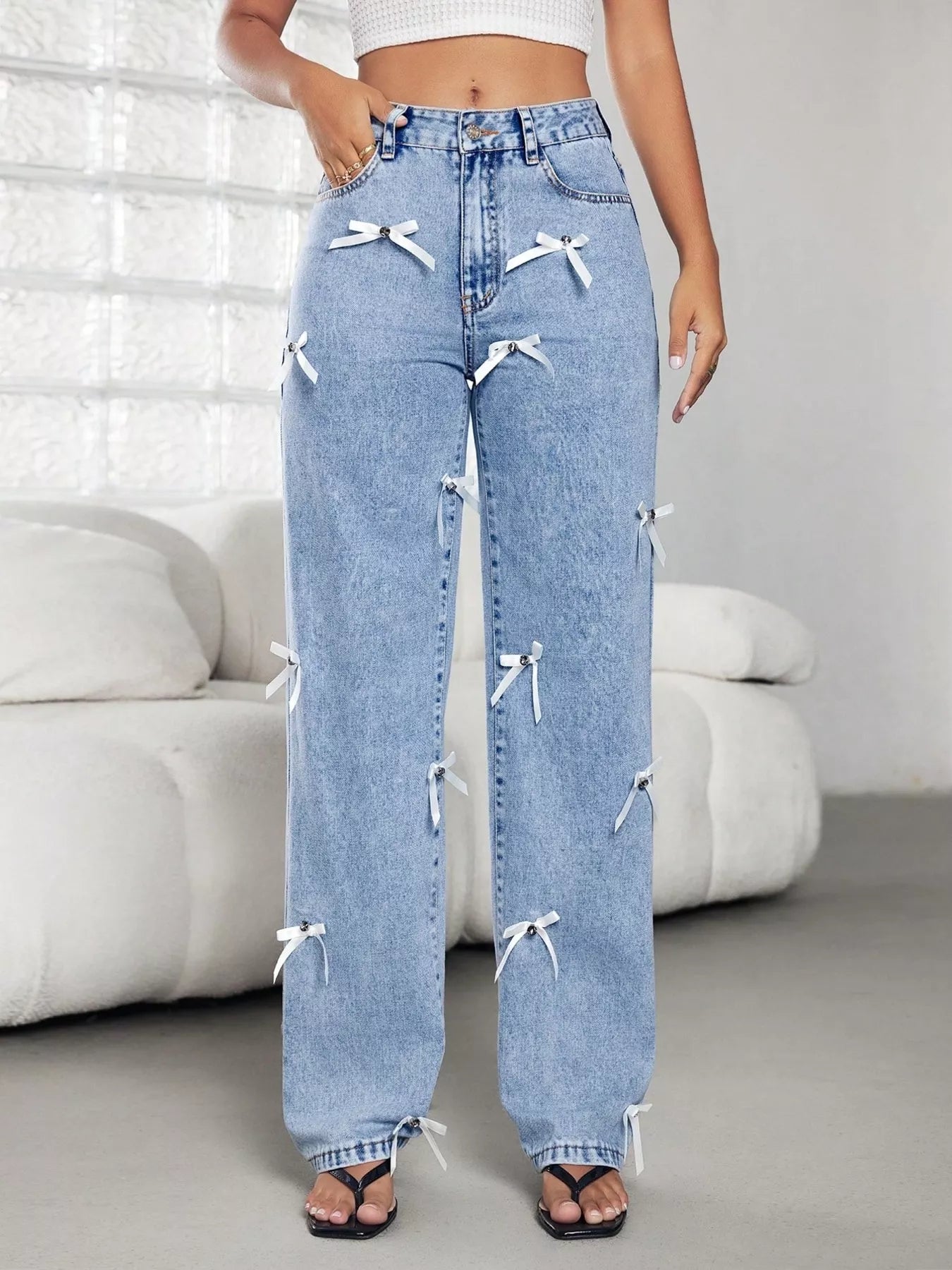Bow Decor High Waist Wide Leg Jeans 