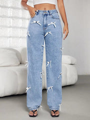 Bow Decor High Waist Wide Leg Jeans 