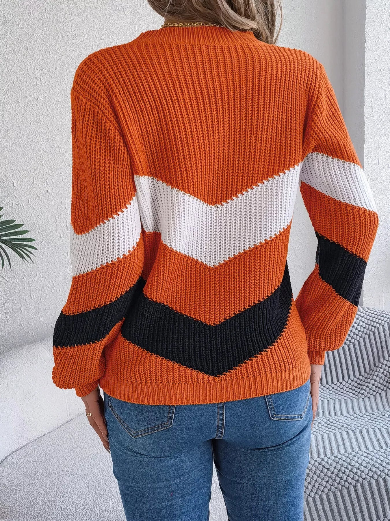 Chevron Stripe Color Block Round Neck Sweater 