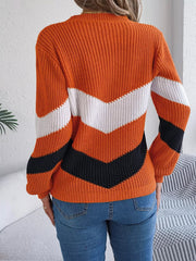 Chevron Stripe Color Block Round Neck Sweater 
