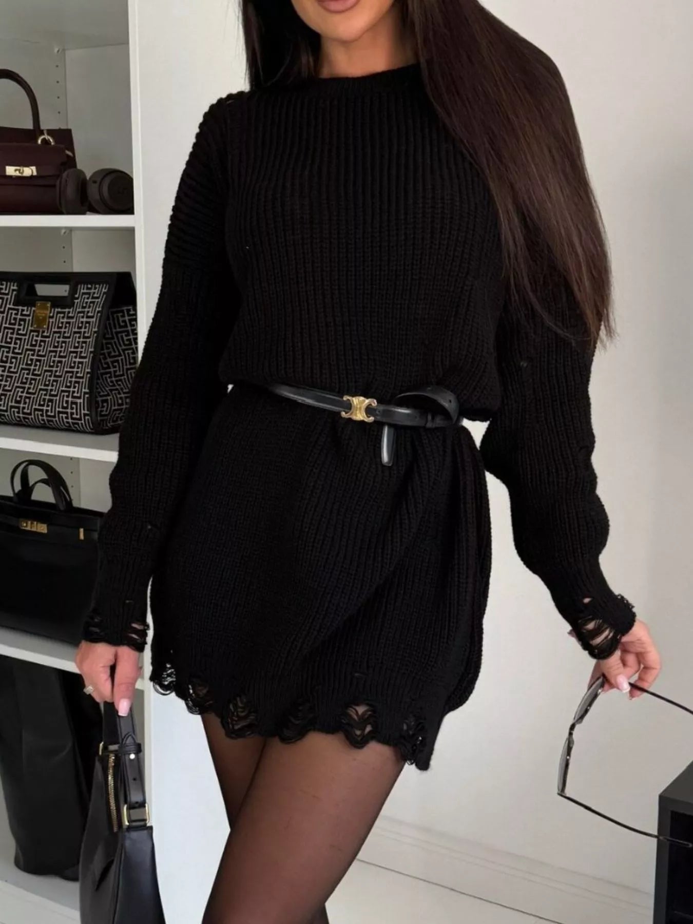 Distressed Round Neck Drop Shoulder Sweater Dress 