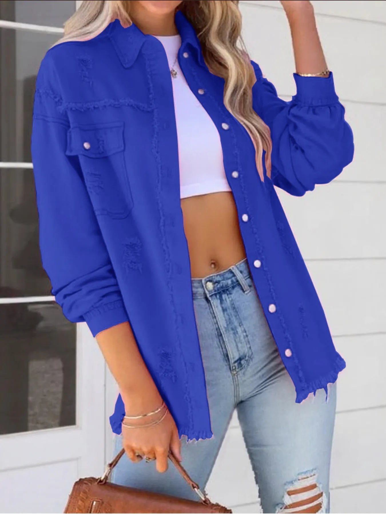 Distressed Denim Jacket with Frayed Edges 