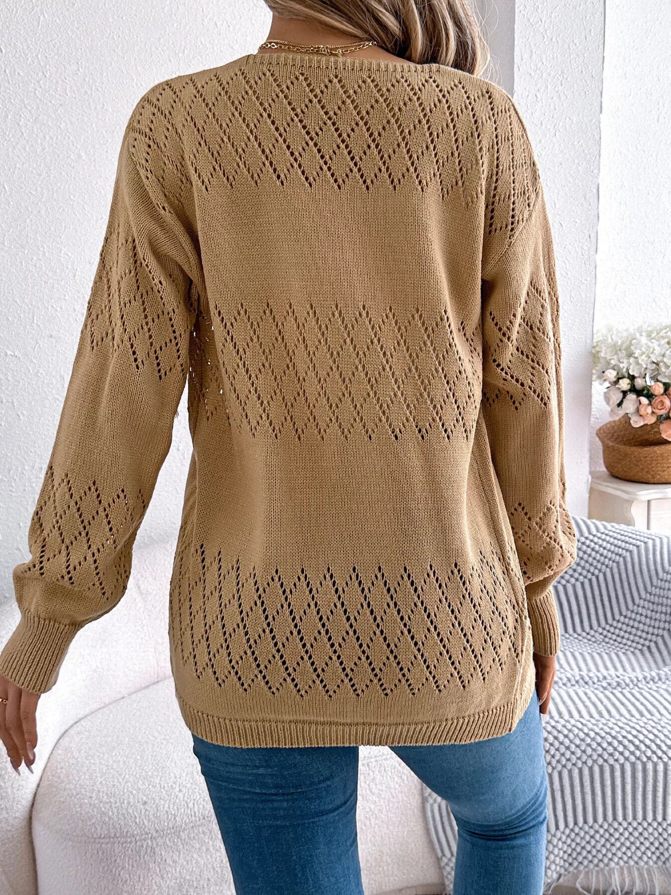 Openwork Open Front Long Sleeve Cardigan 