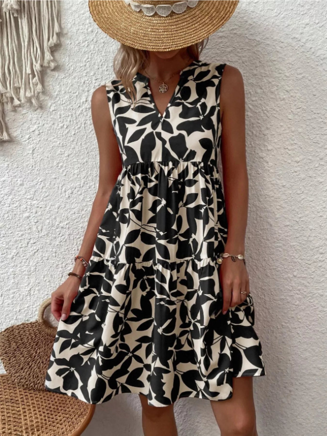 Full Size Printed Notched Sleeveless Mini Dress Plus Size 