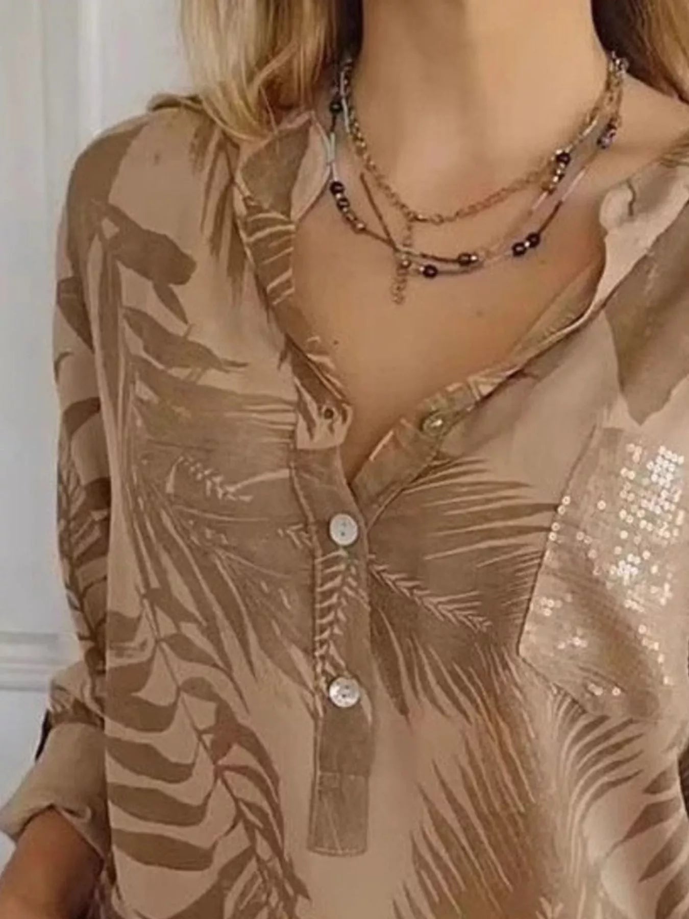 Full Size Printed Button Detail Long Sleeve Blouse Plus Size 