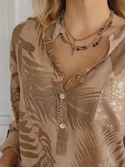 Full Size Printed Button Detail Long Sleeve Blouse Plus Size 