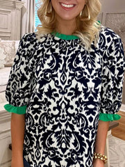 Damask Print Ruffled Color Block Detail Half Sleeve Blouse 