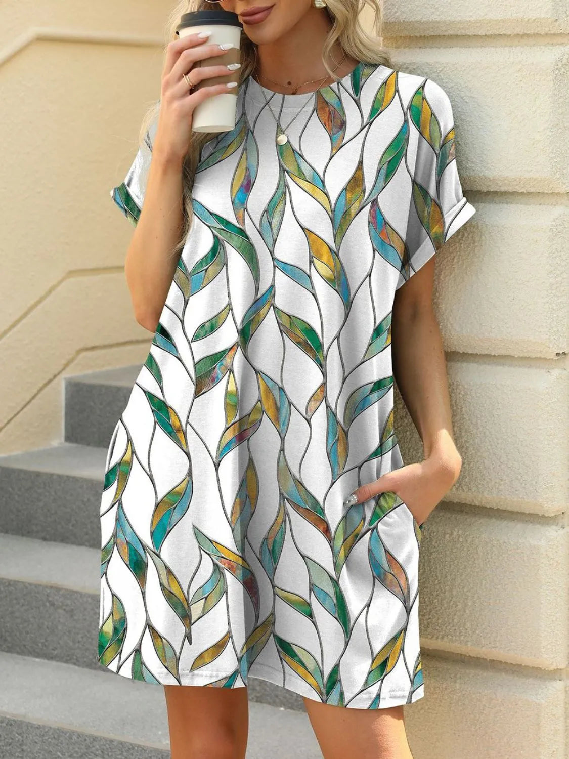 Printed Round Neck Short Sleeve Mini Dress 