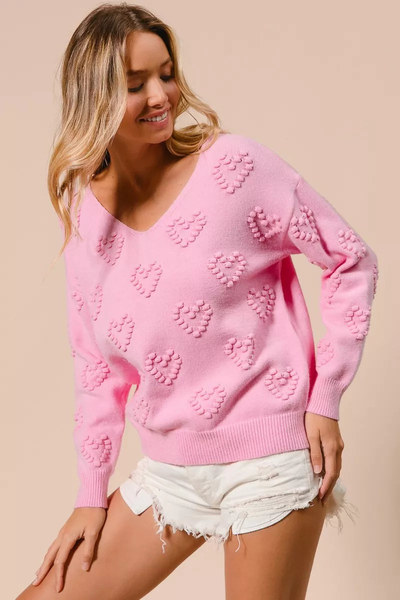 BiBi Valentines Heart Pompom V Neck Knit Top 