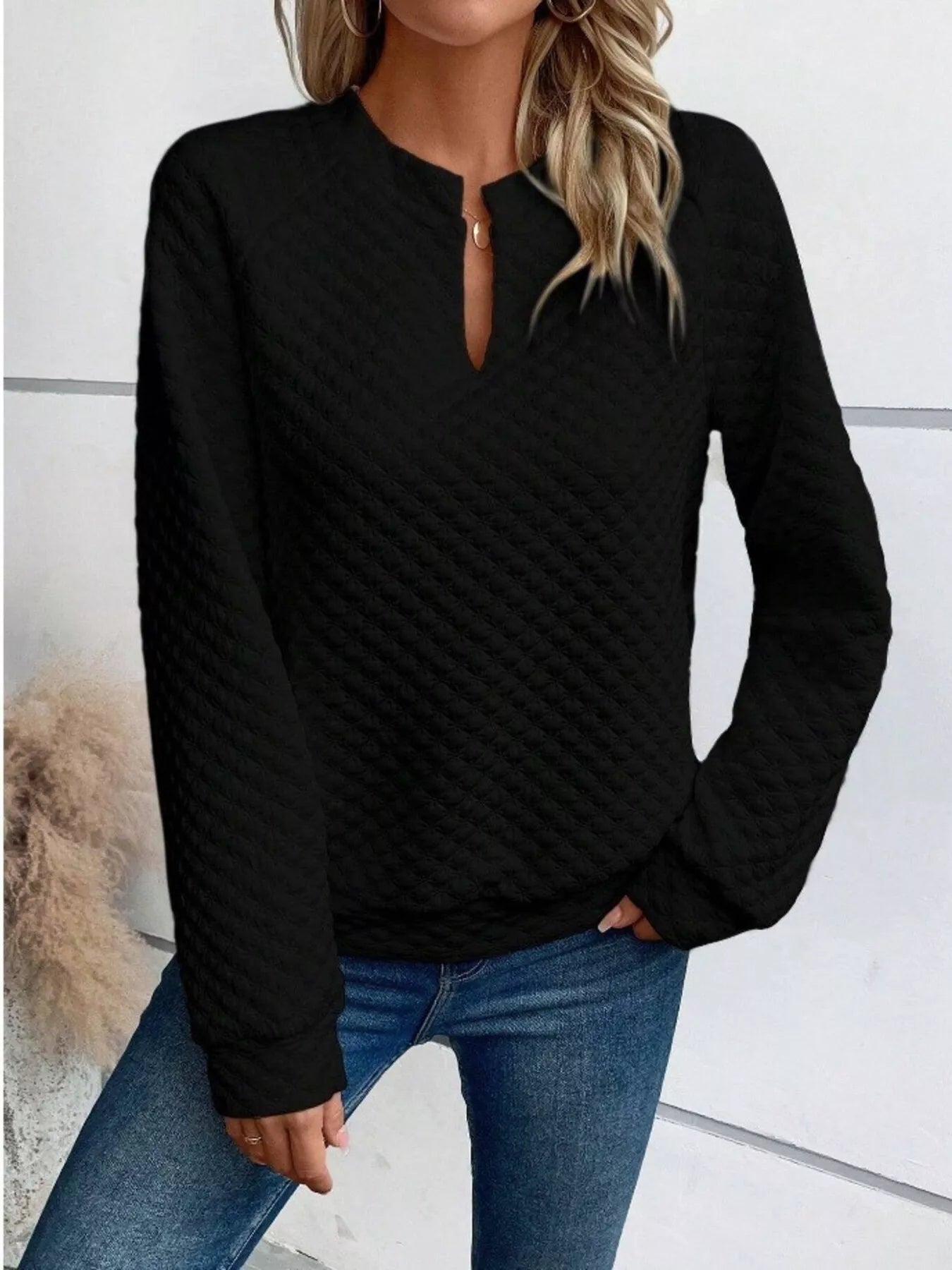 Textured Notched Raglan Sleeve Sweatshirt 
